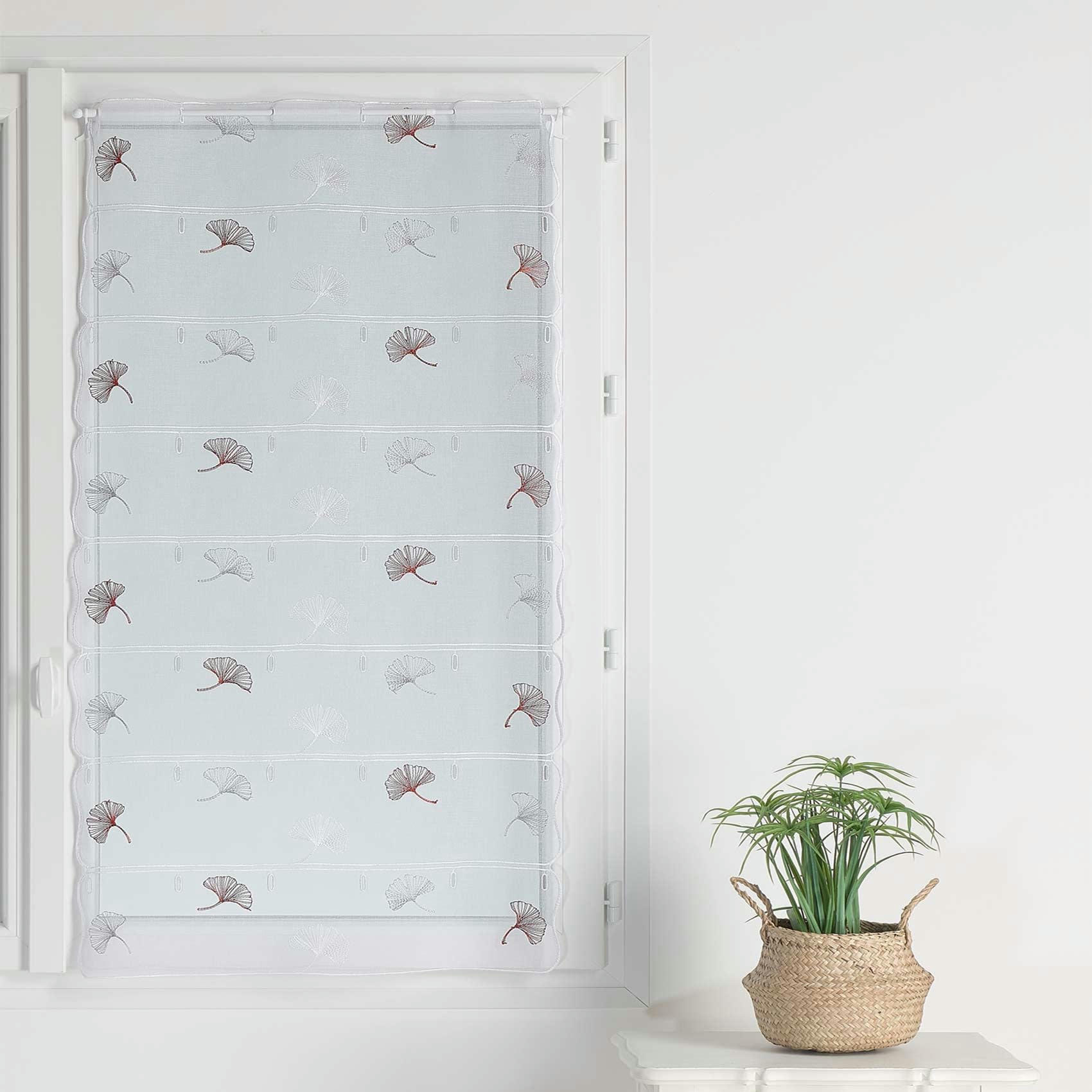 - Vitrage droit brodé feuilles de gingko polyester terracotta 90x210 cm