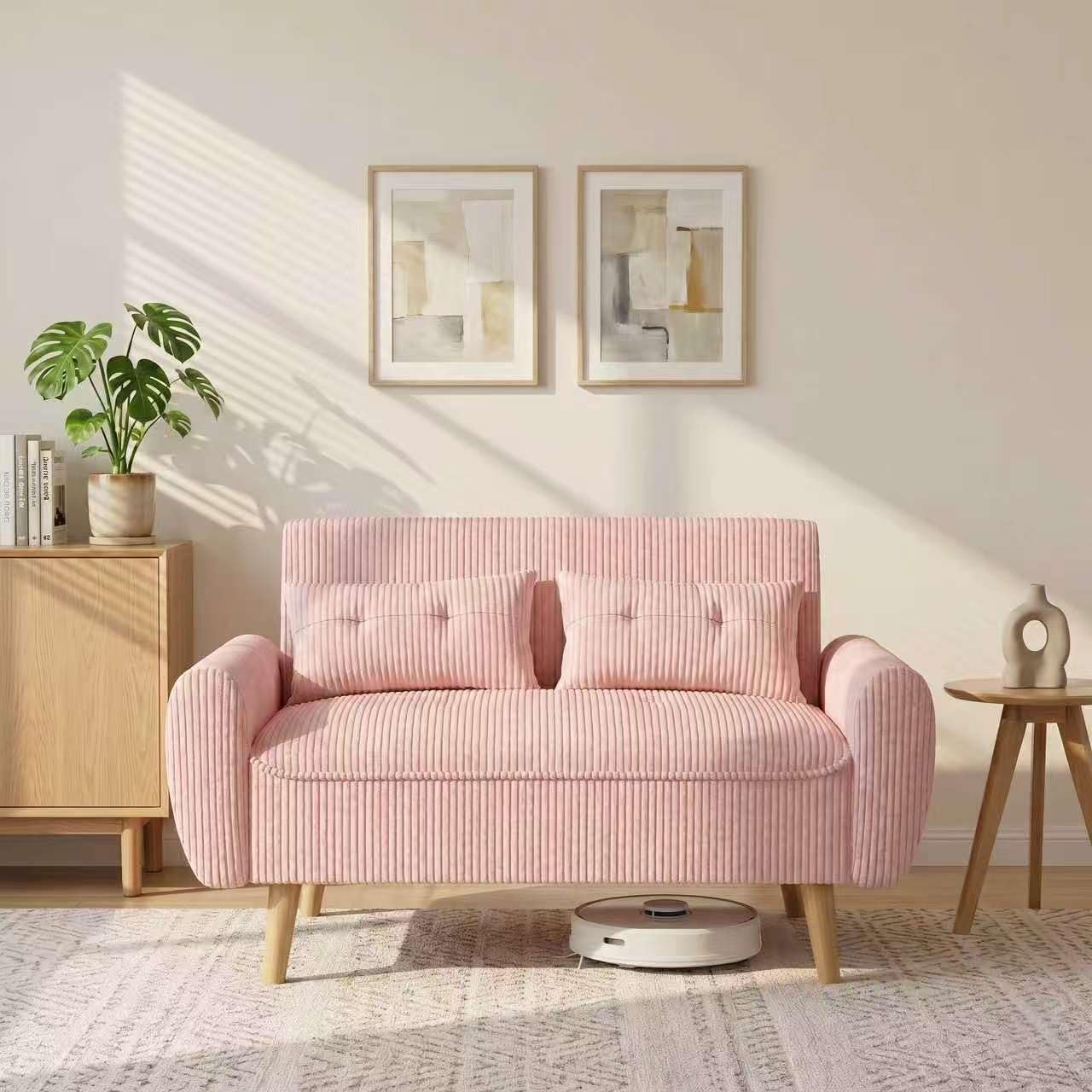 Shintenchi Small Modern Loveseat Couch Sofa, Mid Century Fabric Upholstered 2-Seat Sofa Couch Love Seats Furniture for Small Space,Living Room,Studio,Apartment with 2 Pillows, Pink