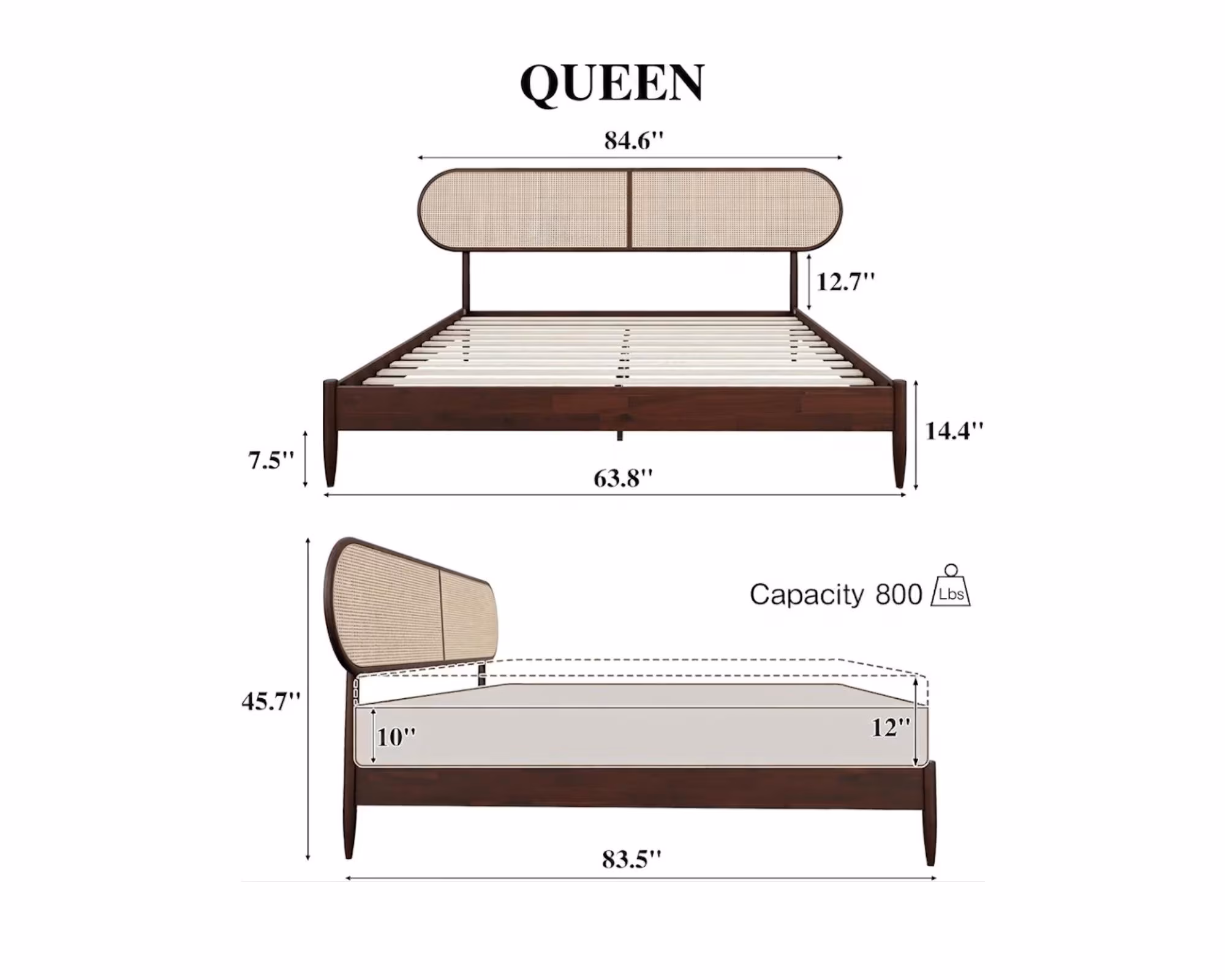 Solid Wood Platform Bed Frame with Rattan Headboard, Bohemian Mid Century Bed, Queen King Size, Dark Walnut Bedroom Furniture
