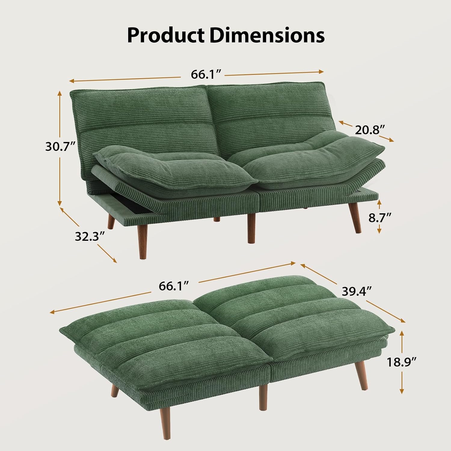 Pipishell Futon Sofa Bed, Convertible Futon Adjustable Backrest & Armrests, Corduroy Sleeper Couch for Small Spaces, Living Room, Office, Guest Room (Moss Green, 66 Inch)