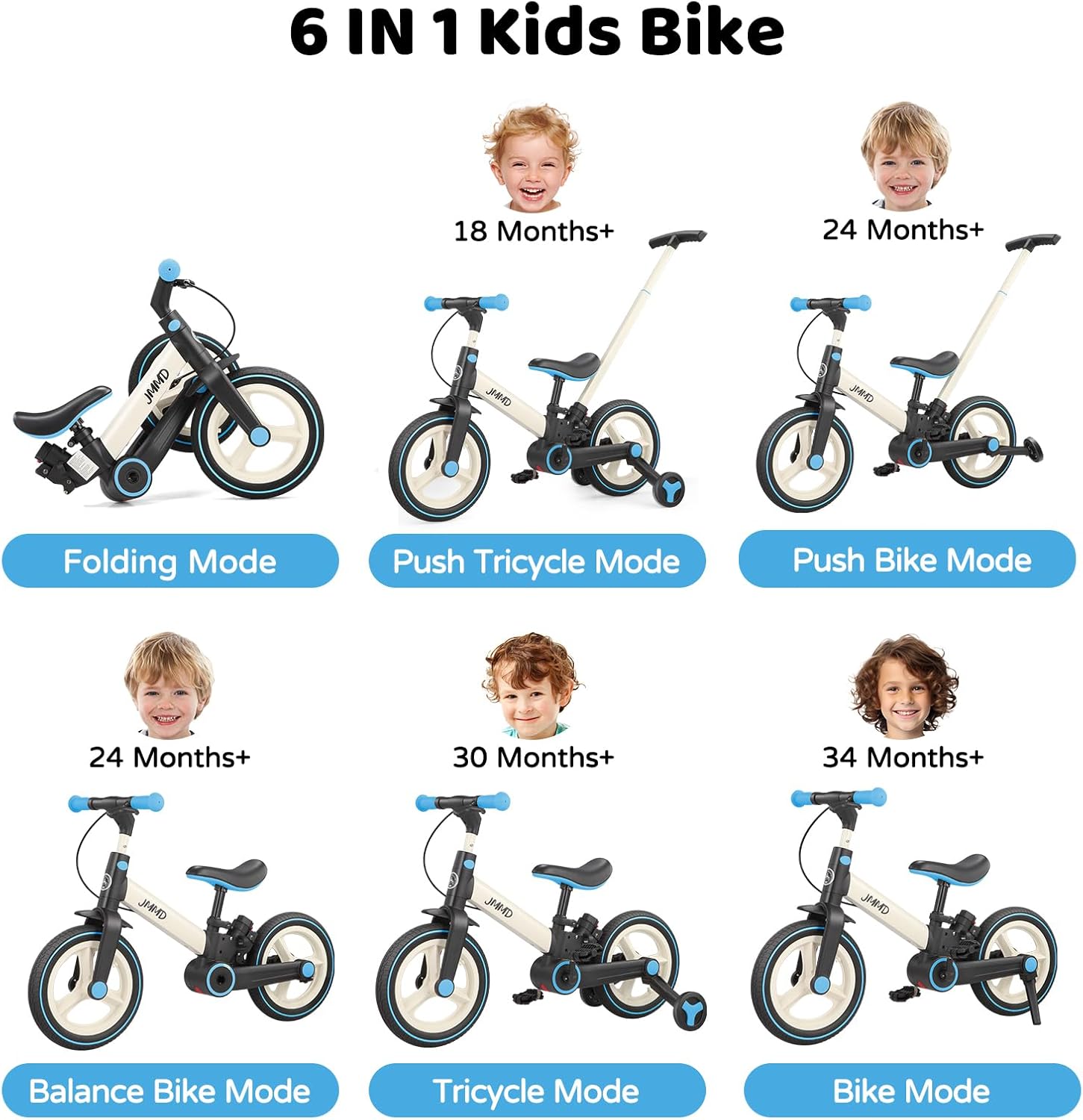 JMMD 6 in 1 Toddler Bike with Push Handle for Kids 18-60 Months, 12 Foldable Balance Bike with Training Wheels, Pedals, Brakes, Kickstand, Push Tricycle Toddler Gift & Toys for Boy & Girl