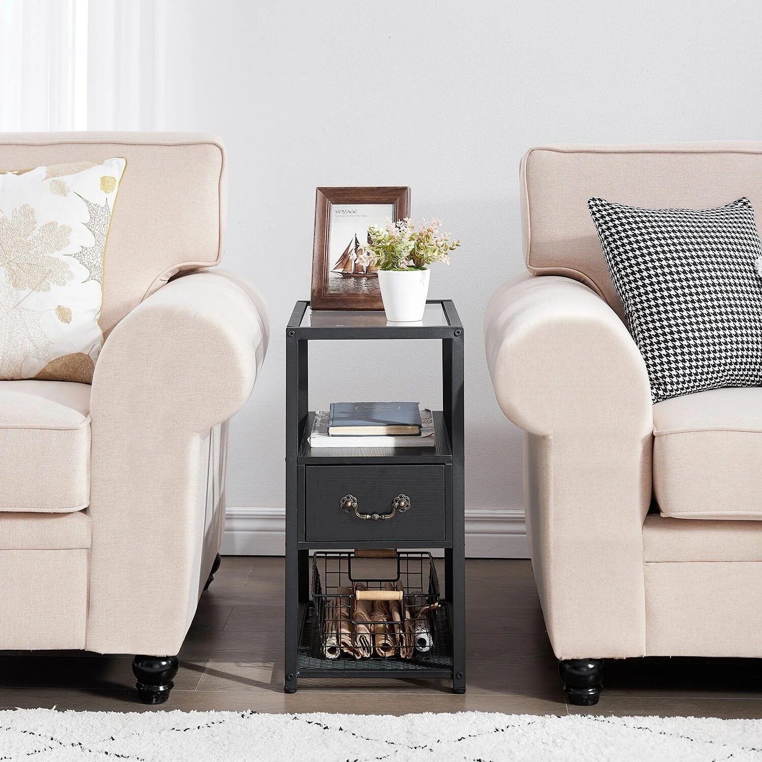 Nightstand with Drawer, Small Side Table for Small Spaces, 3 Tiers Storage Shelves End Table