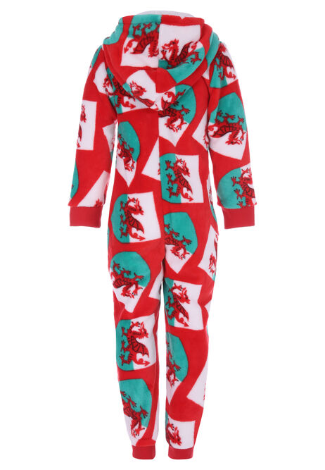 Boys Red Wales Fleece Hooded Onesie