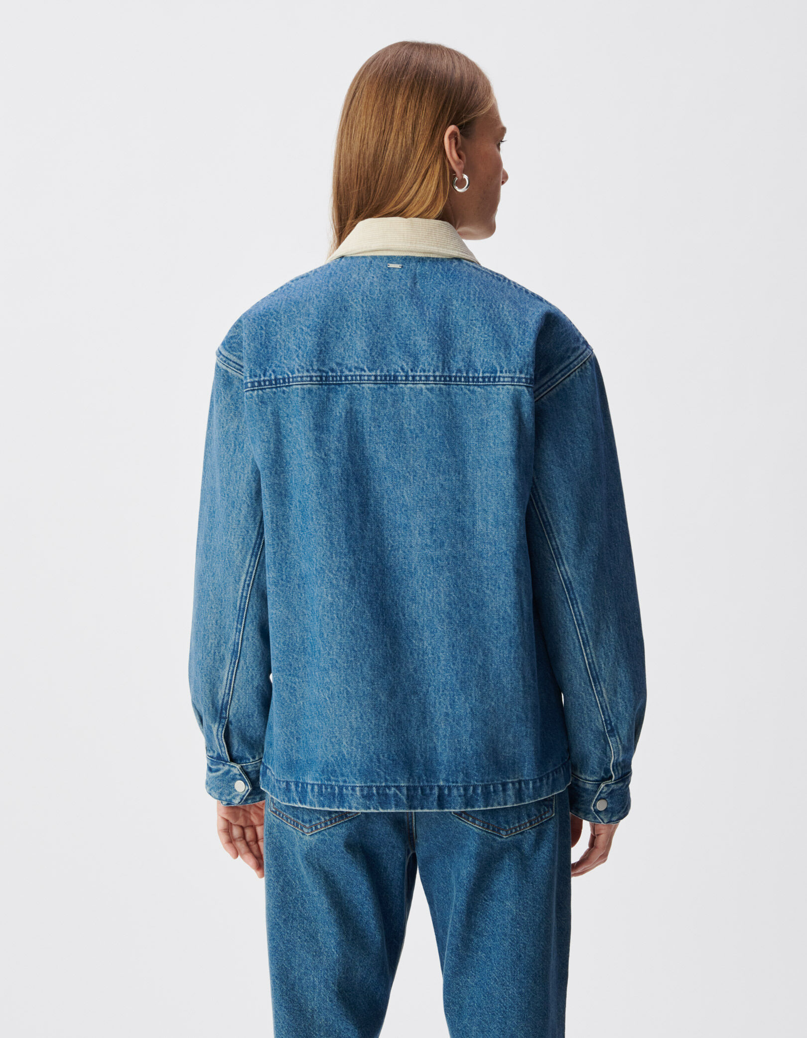 Veste en jean bleu col velours écru Femme