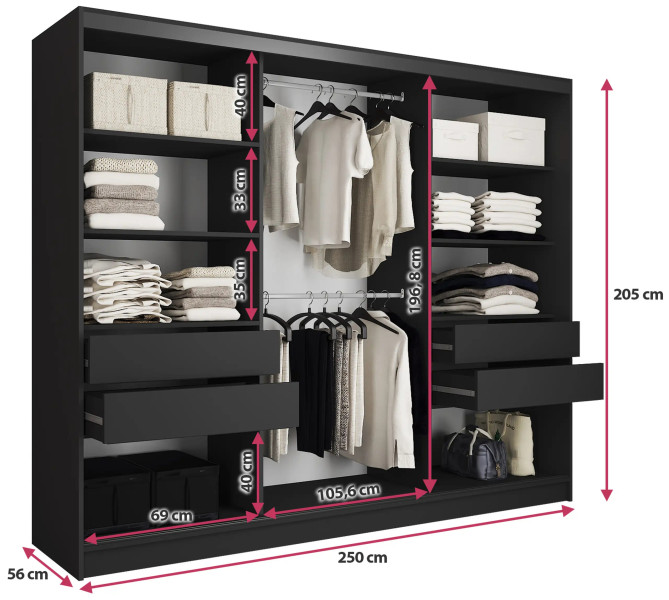 Szafa przesuwna z lustrem lamele 250 cm LOFT