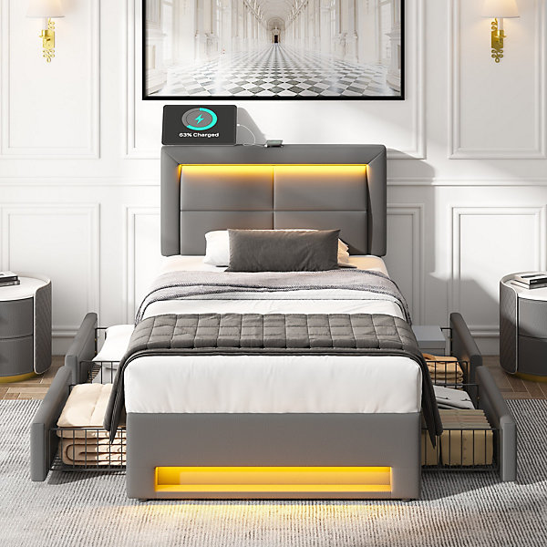 Lit Simple 90x190 cm - Lit Coffre avec 4 Tiroirs et Ports USB - éclairage LED - Gain de Place - Gris - Sans Matelas