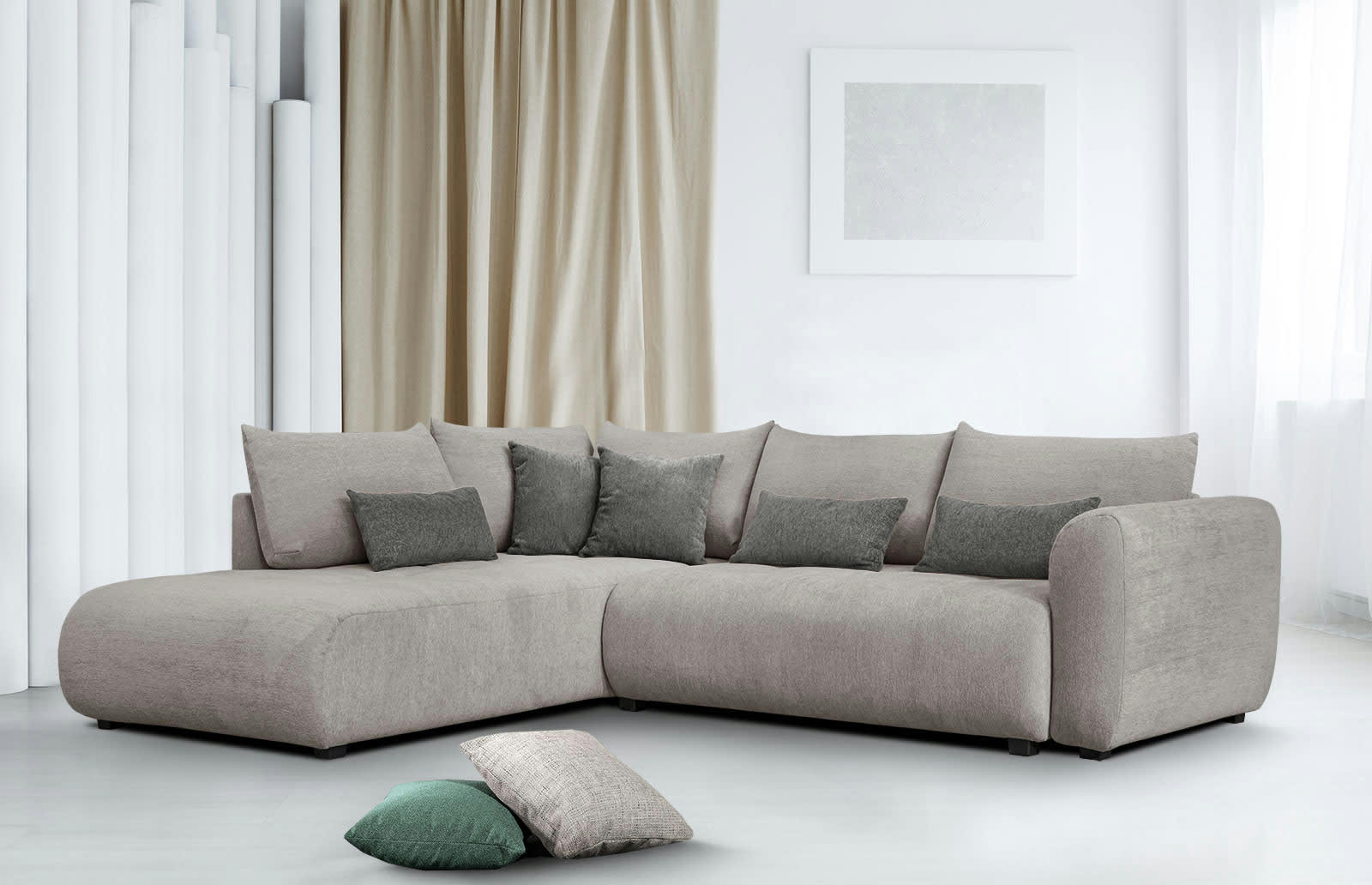 SORENO - Canapé d'angle gauche 5 places gris moyen avec le couchage