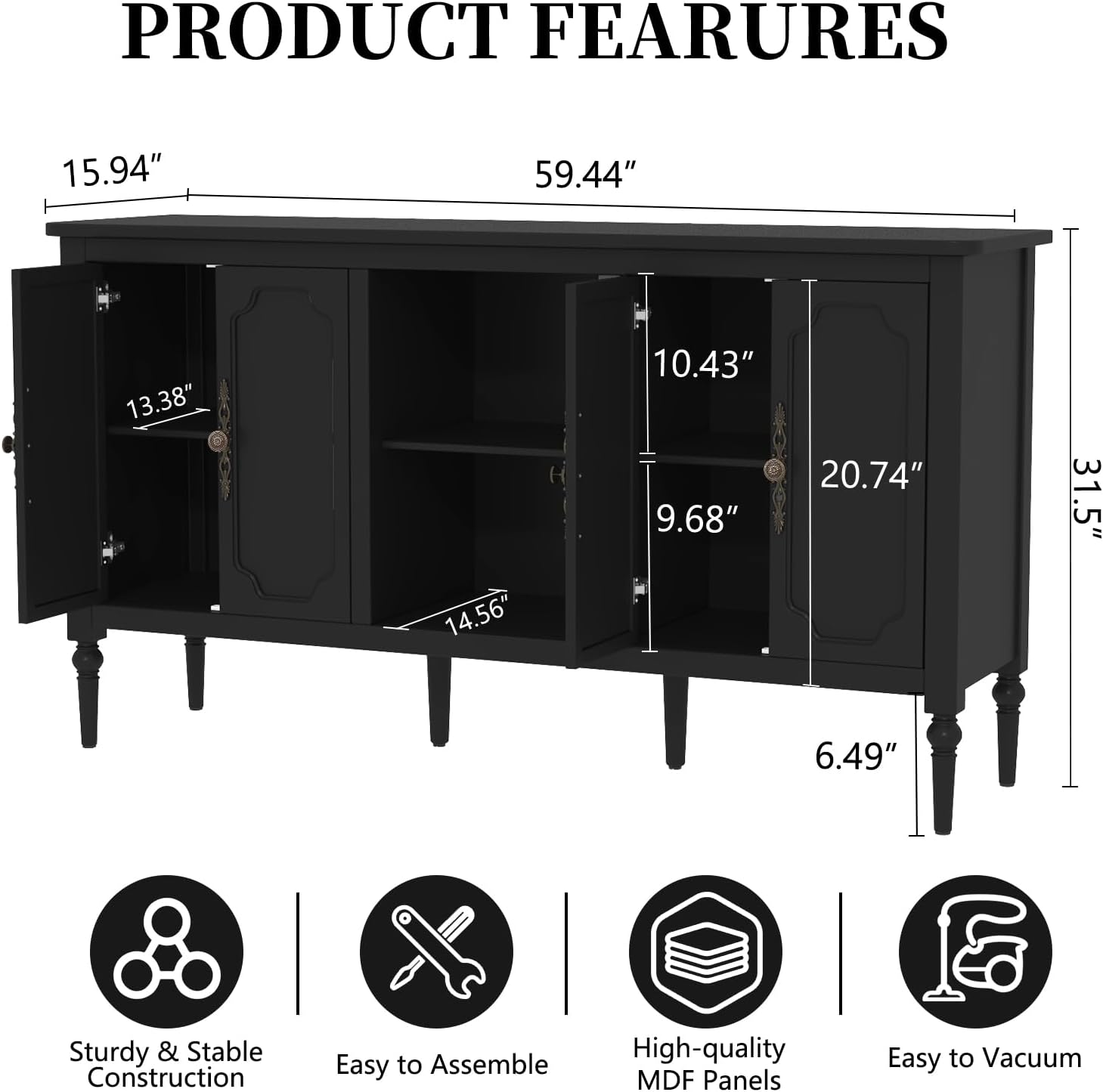 Vintage Buffet Sideboard Cabinet with 4 Doors, 59 Mid Century Modern Storage Cabinet with Shelf, Decorative Accent Credenza TV Stand (Black)