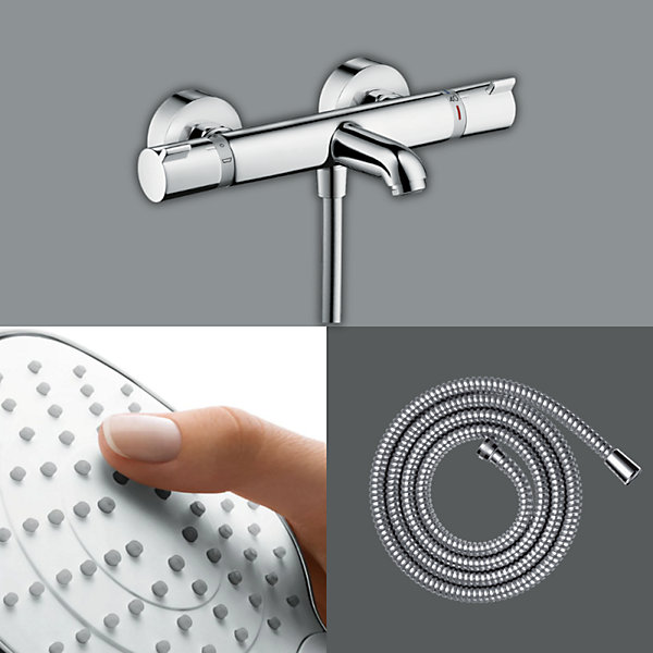 Pack mitigeur bain thermostatique HANSGROHE Ecostat Comfort   Flexible Metaflex 1,6m   Pommeau Croma Select E EcoSmart chromé