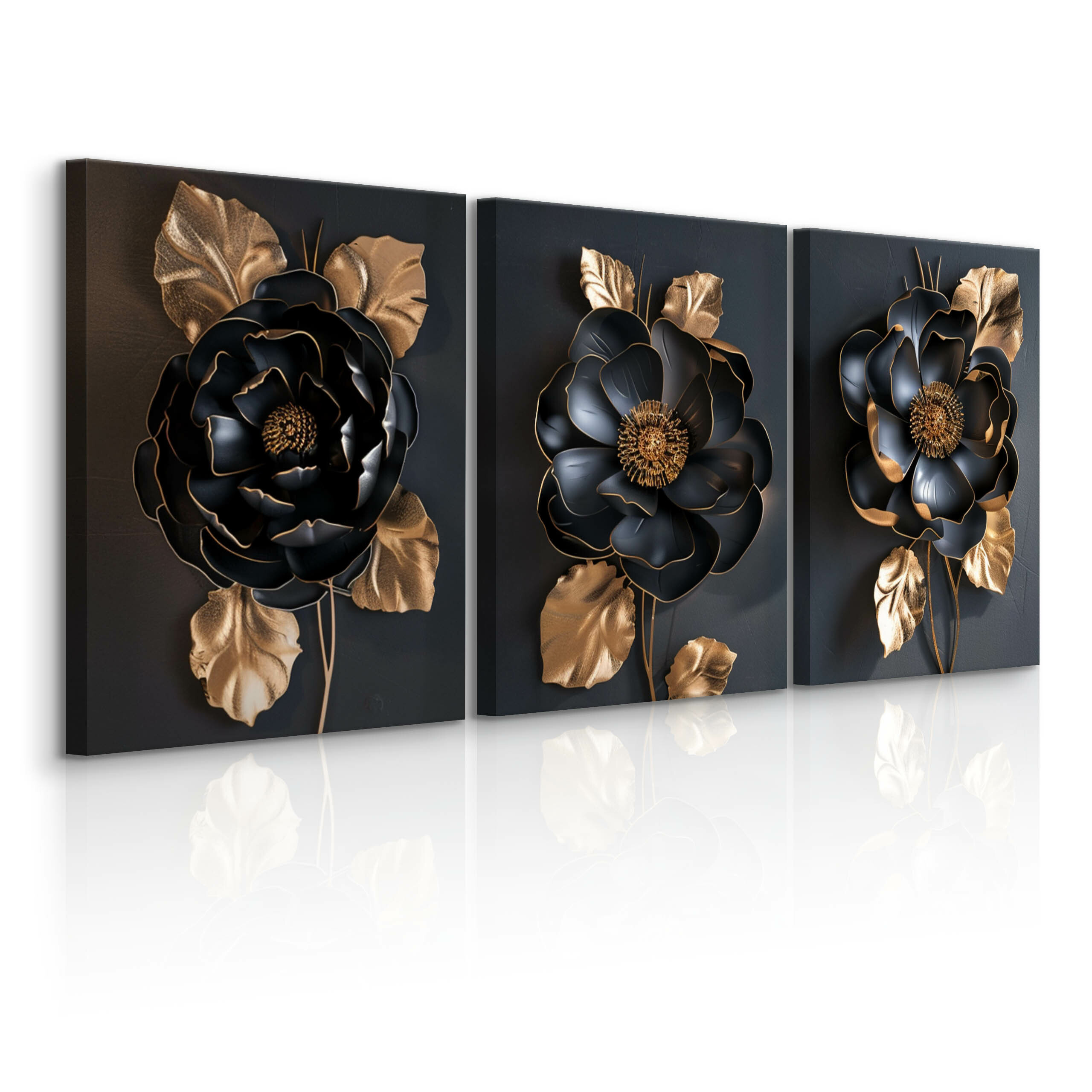 3x Obraz Set Czarne Kwiaty W Stylu Glamour 30x40cm