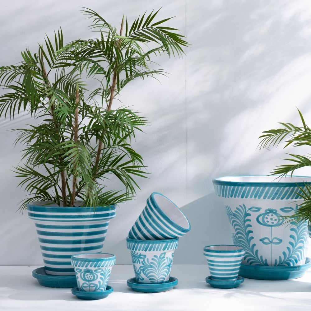 J-Line bloempot Granada Stripes Handmade   Painted - keramiek - aqua - extra small - Ø 17 cm