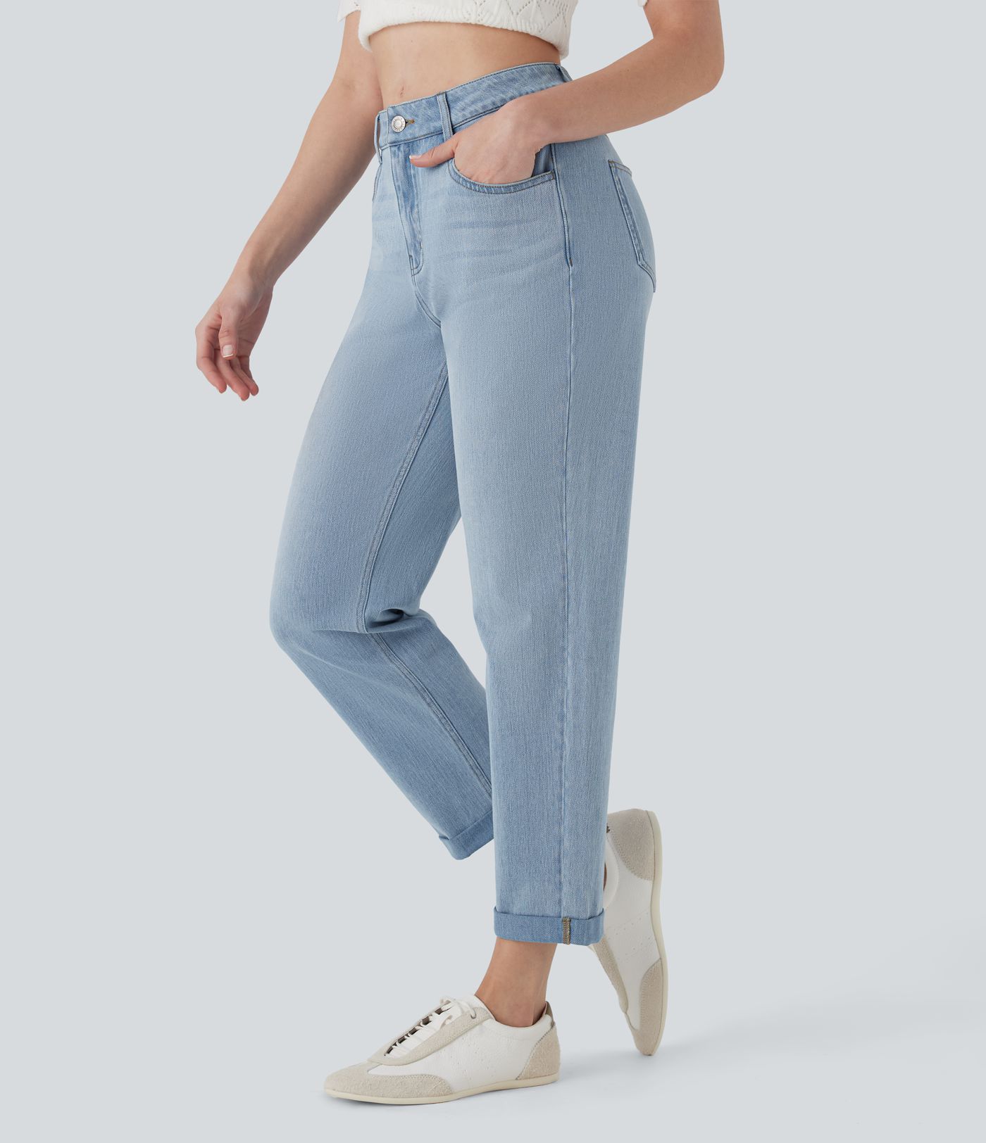 Jean 7/8 décontracté délavé taille mi-haute à jambe droite Halara Flex™ avec poches