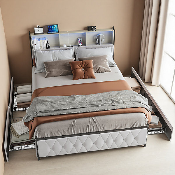 Lit 180x200 cm en velours beige avec tiroirs, tête de lit LED multicolore, USB/Type-C et rangement sous lit