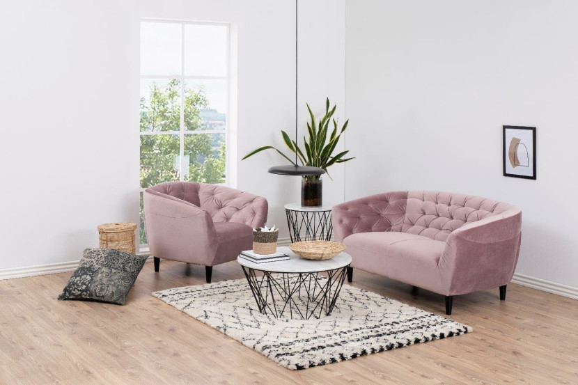 Sofa welurowa Ria Vic 2-osobowa różowa drewniane nóżki