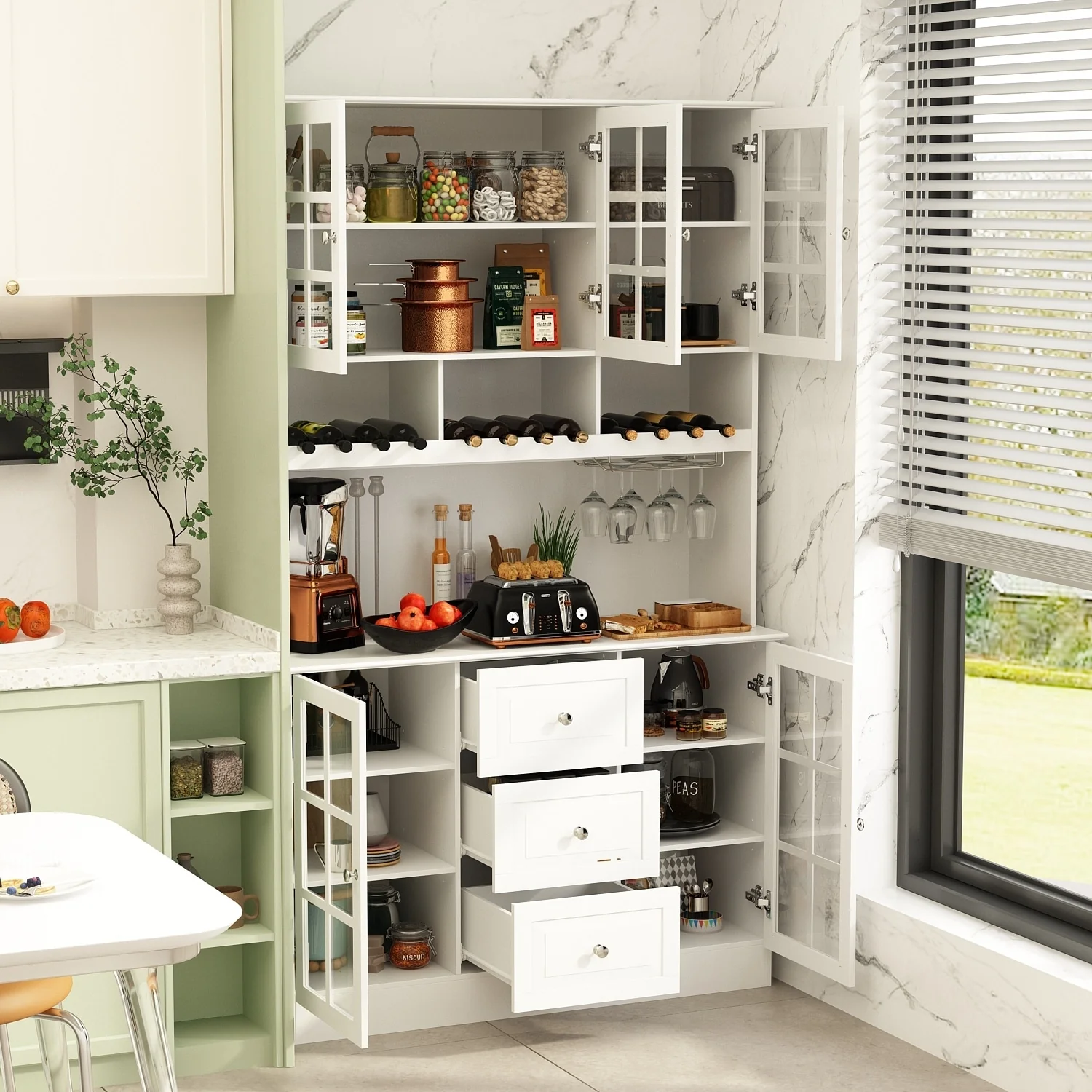 78.9''Pantry Buffet White Buffet with Wine Glass Rack Drawer and Hutch
