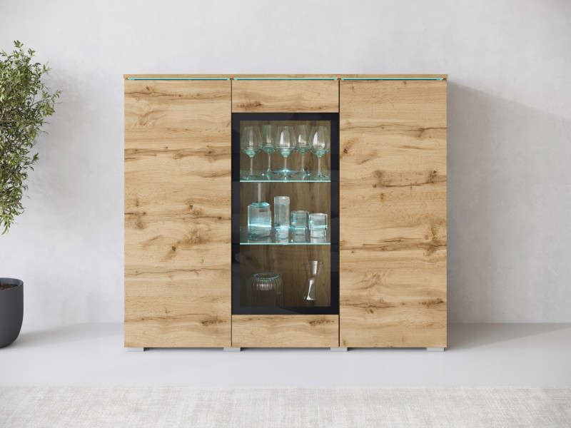 Nowoczesna Szeroka Witryna, Highboard, Komoda Vera 120 Cm, Szklane Półki