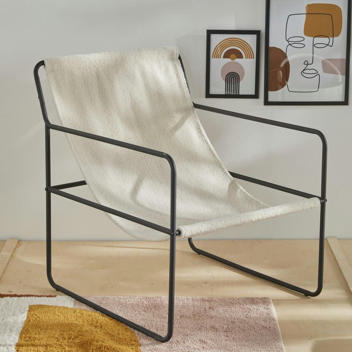 RETRO MOOD - Fauteuil chilienne bouclette ecru 76x63x77