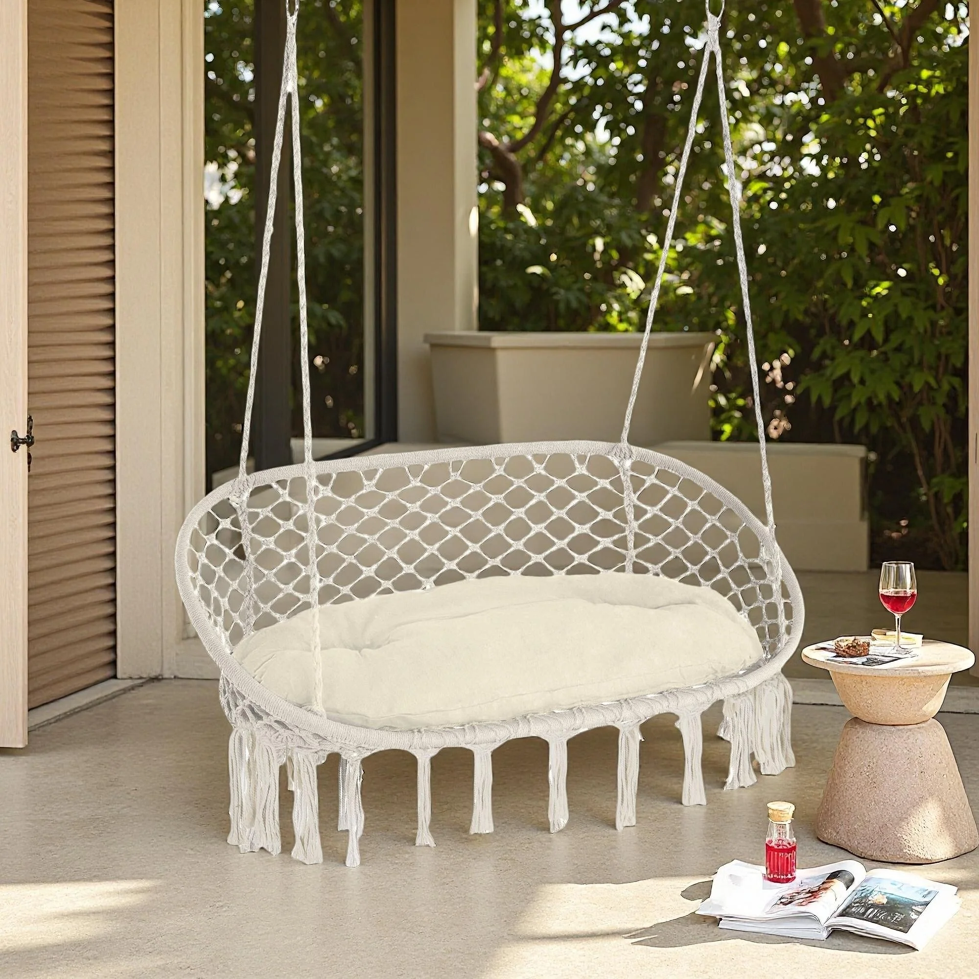 Steel Frame 2-Person Macrame Hammock Chair with Includes Cushion and 704lb Capacity