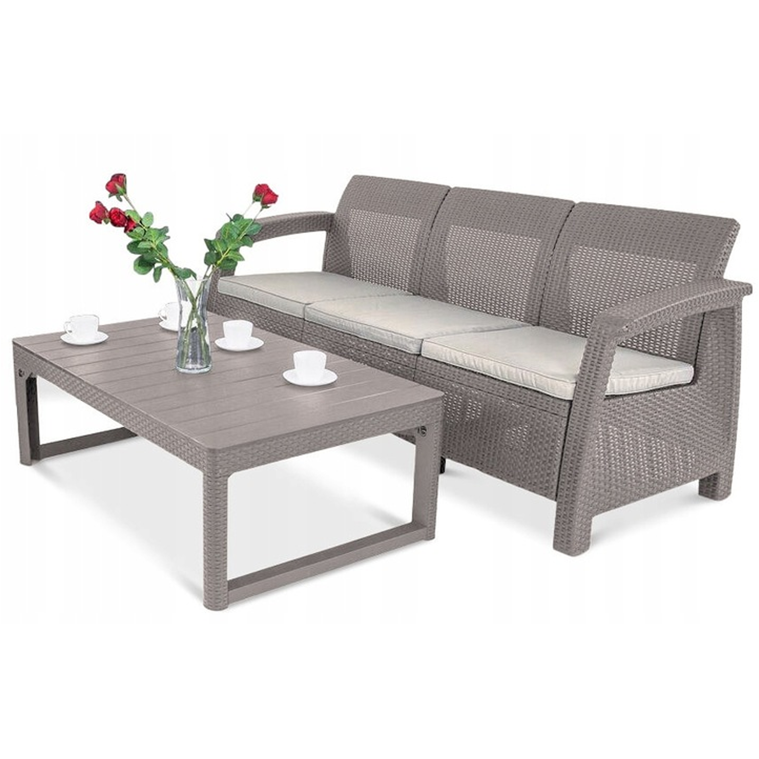 Zestaw Mebli Ogrodowych CORFU Keter Stolik Kawowy LYON Sofa 3os RATTAN