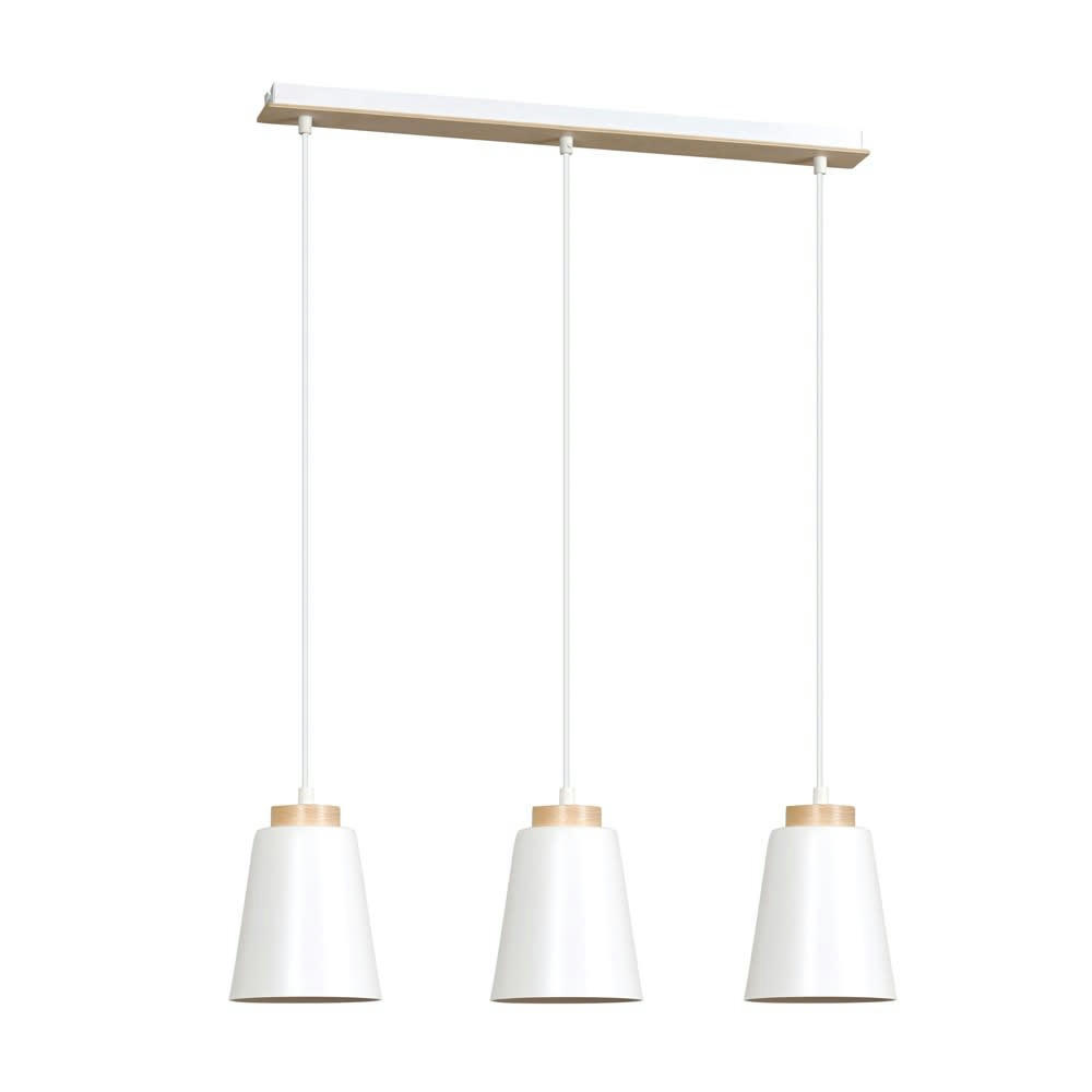 LASSO - Suspension 3 lumières avec abat-jour blancs et détails en bois