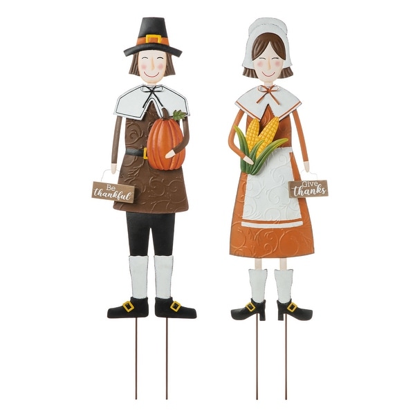Glitzhome Thanksgiving Metal Pilgrim Yard Stake/Standing Decor/Hanging Decor (3 Functions)
