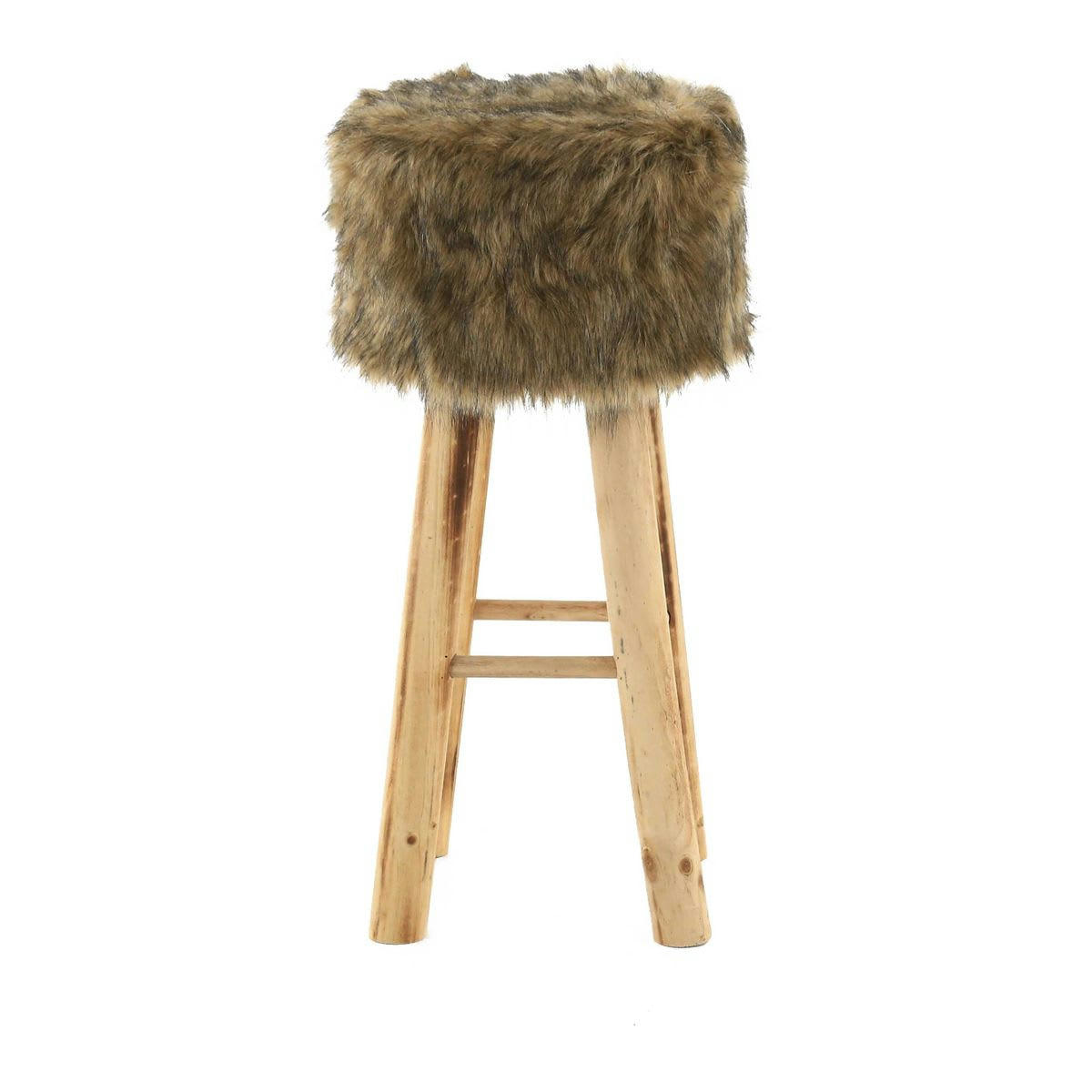 LASCO - Tabouret haut rond en fourrure synthétique marron et pin