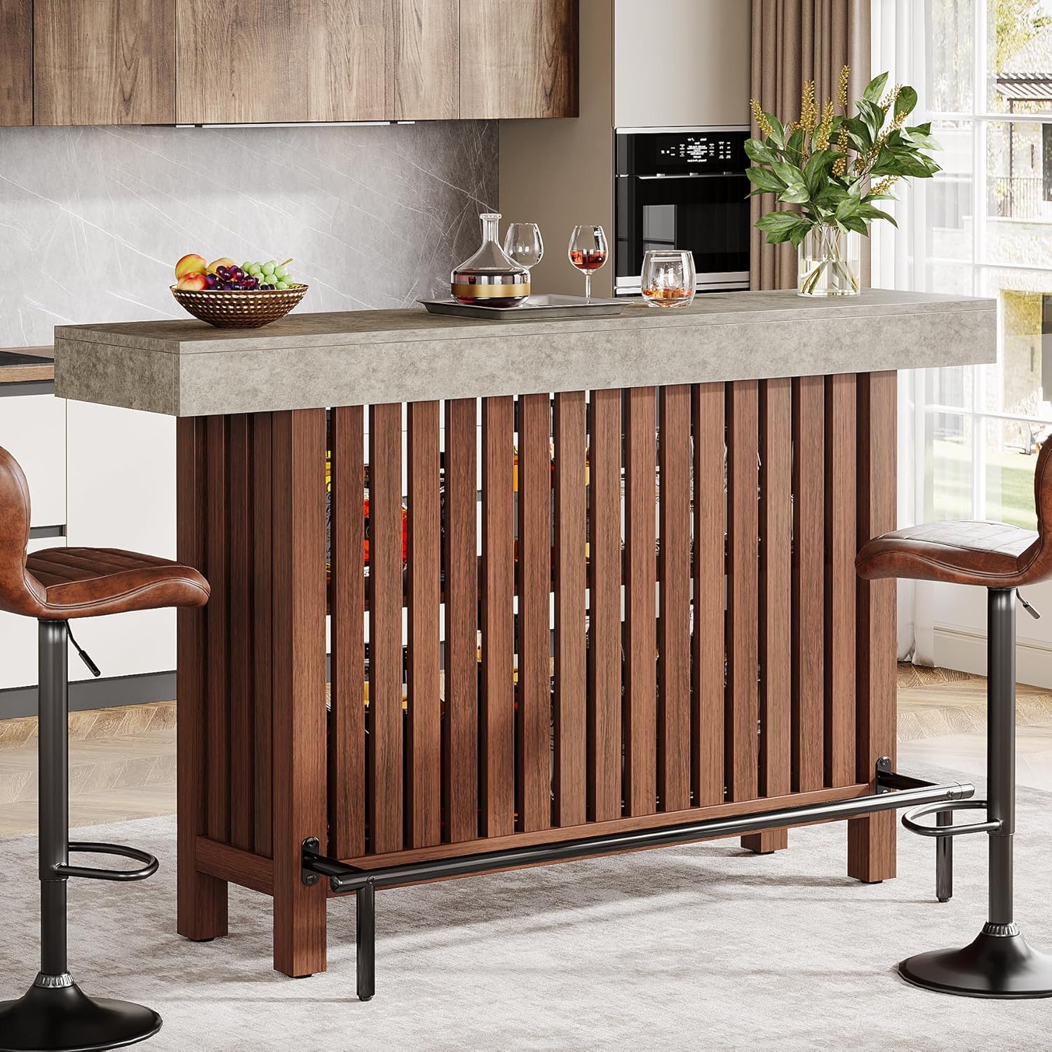 63 Large Home Bar Counter, Double Layer Kitchen Island Table with Footrest, Modern Coffee Bar Cabinet(Red Brown  Gray Cement Texture)
