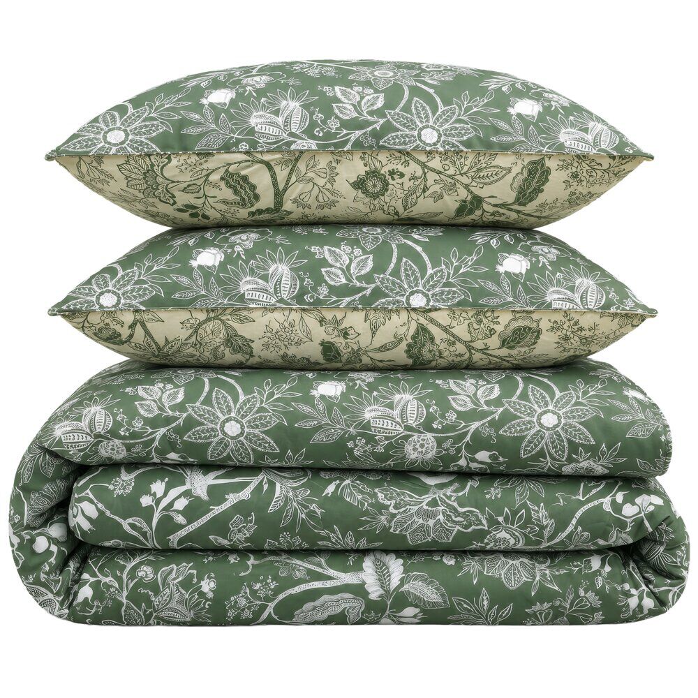 Parure de lit 2 personnes 220x240cm 2 taies 63x63cm coton floral vert
