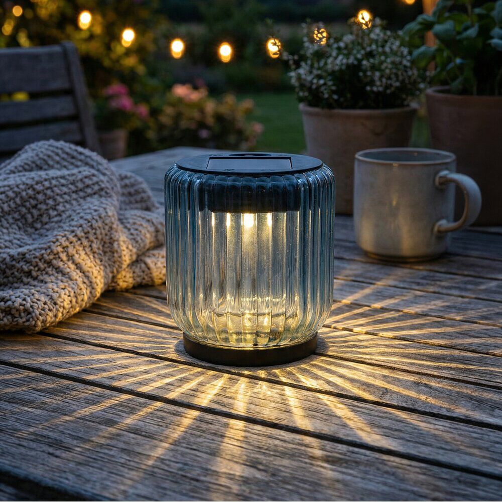 Lanterne solaire décorative plastique et verre bleu Ø8xH8,5cm