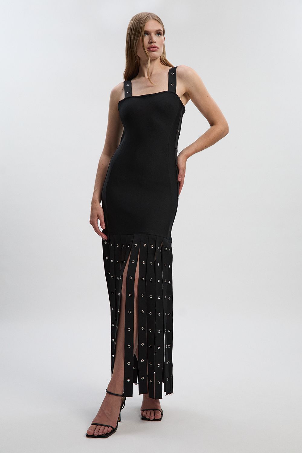 KarenMillen Strappy Eyelet Detail Fringe Figure Form Bandage Midi Dress