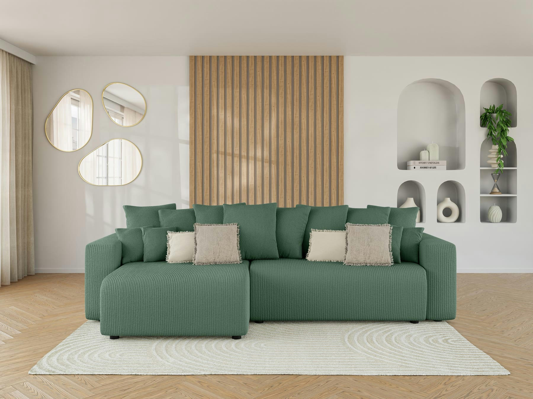 LEA - Canapé d'angle XL convertible en velours côtelé 5 places vert