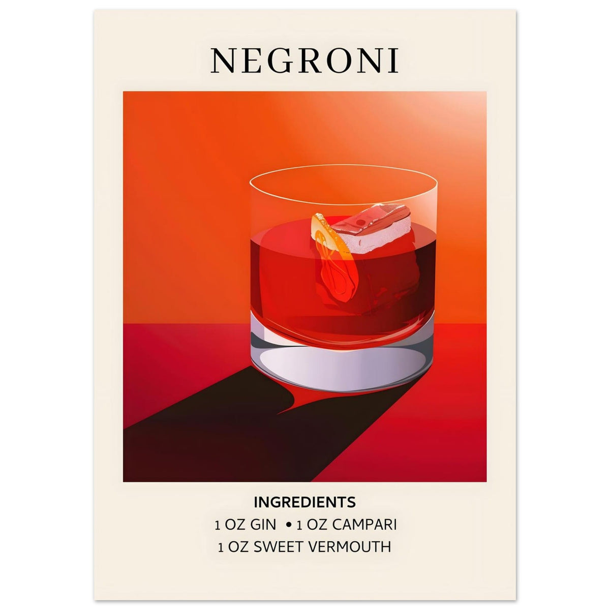 Artfulprints Poster Negroni cocktail - Ingrediënten  - 50x70 cm - Rood