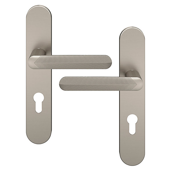 Ensemble poignée sur plaque rondcylindre GoodHome Garlan effet nickel satin gris L.125mm x l.42mm entraxe 165-195mm