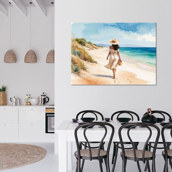 Obraz do salonu sypialni, Kobieta spaerująca po plaży 30x20
