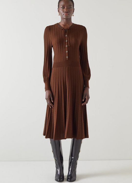 Susannah Brown Rib Knit Pleated Dress