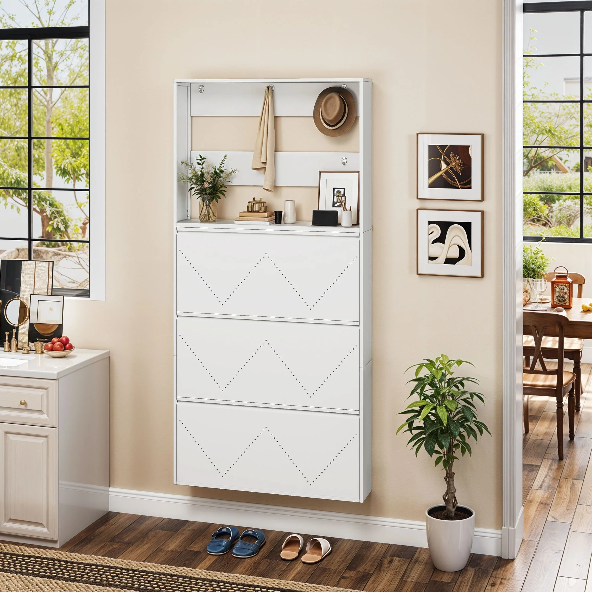 Moasis Wall-Mounted Shoe Cabinet with 3 Flip Drawers, Shoe Organizer with Hanging Bars and Hooks