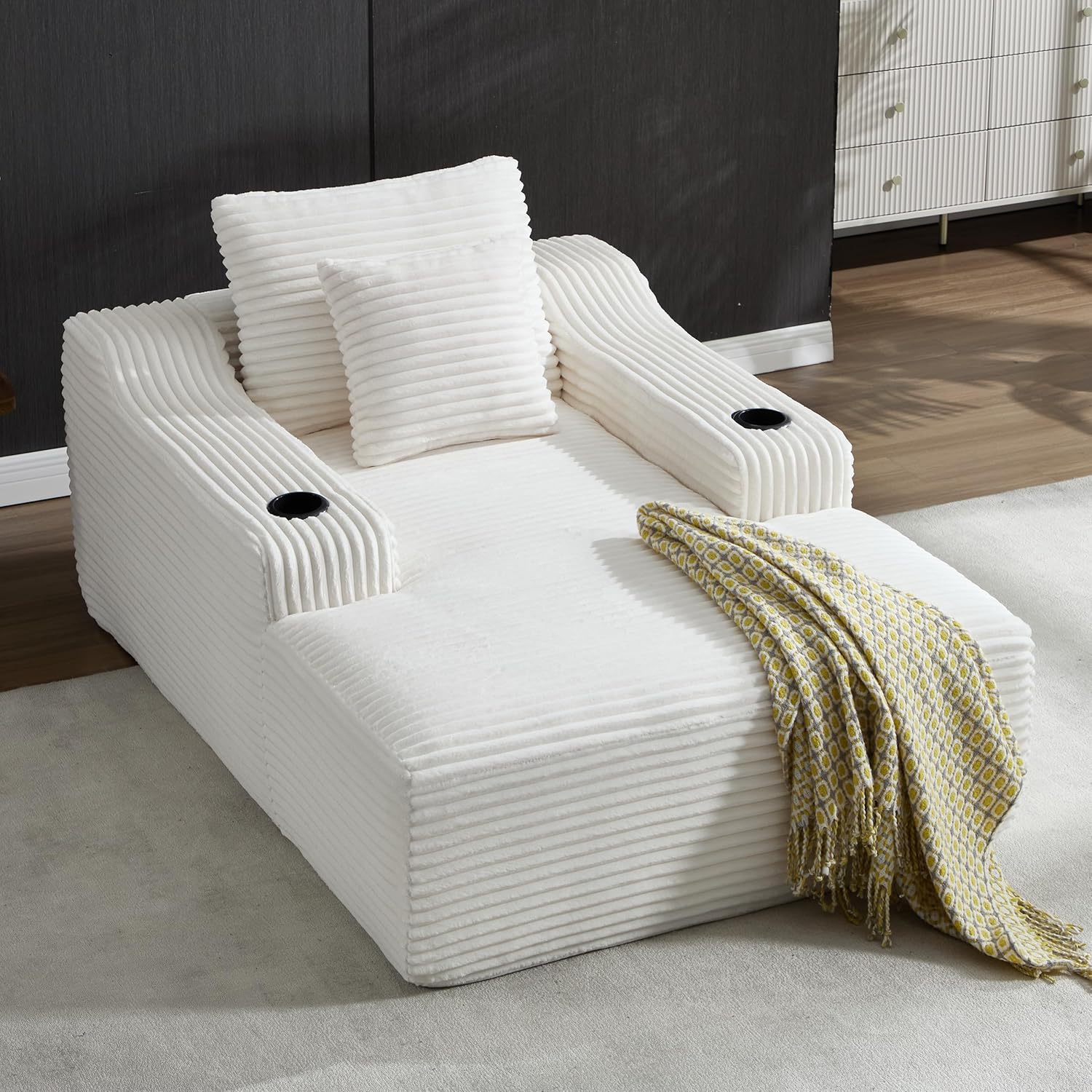 Chaise Lounge Chair Indoor, Cloud Sofa Bed with Cup Holders, Corduroy Upholstered Couch with 17.71 Seat High, Lazy Sofa Bed for Living Room Apart, Fully Assembled - White
