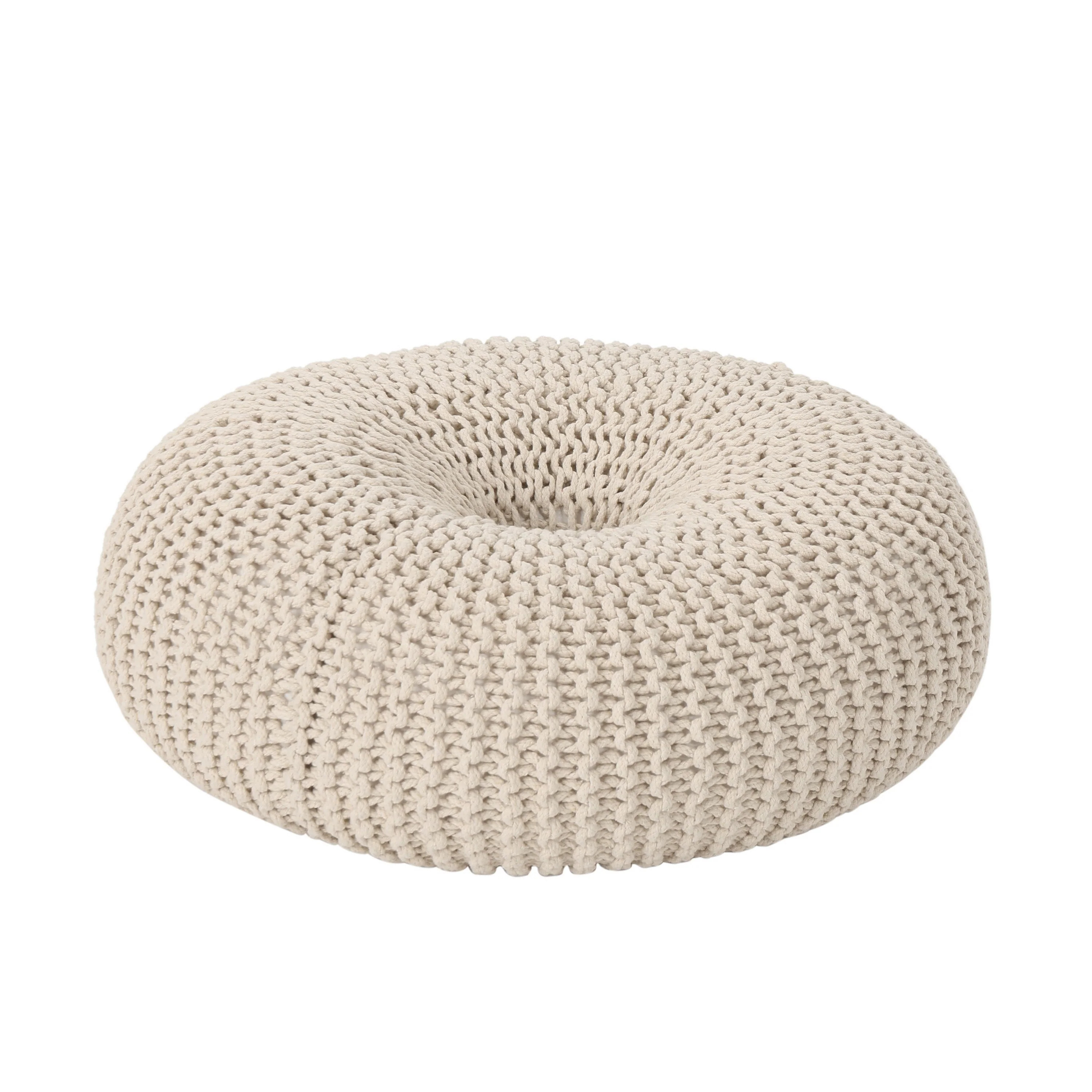 Round Knitted Pouf Ottoman, Handcrafted Details, 25 Inch, Beige Cotton
