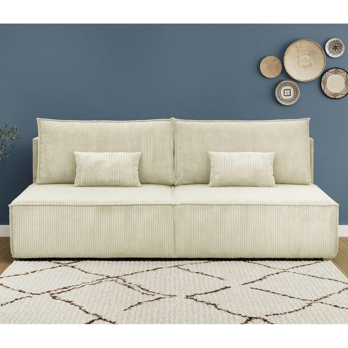 MILLA - Canapé convertible 3 places avec coffre en velours côtelé beige