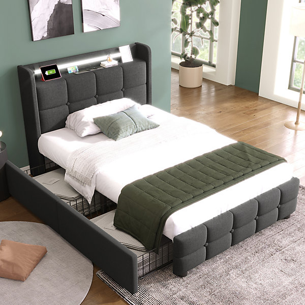 Lit avec rangement 90 x 200 cm - Lit Simple avec Ports USB et Matelas - Lin Bois Métal - avec Matelas - Gris