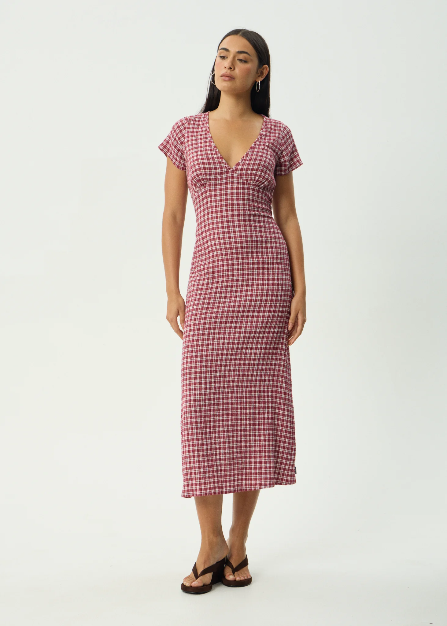 AFENDS Womens Base Maeve - Seersucker Maxi Dress - Burgundy Check