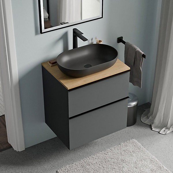 Meuble sous vasque suspendu MDF Anthracite mat, plan vasque Chêne miel, poignée Noir mat - 60x46x62cm - LAVOA