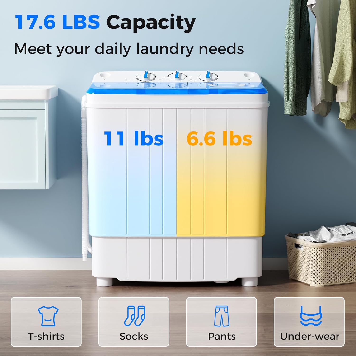 Giantex Portable Washing Machine, 17.6lbs Compact Washer Spinner Combo with Pump Drain, Twin Tub 11lbs Wash & 6.6lbs Spin, Lavadoras Portatiles for Apartment RV Dorm College (White & Blue)