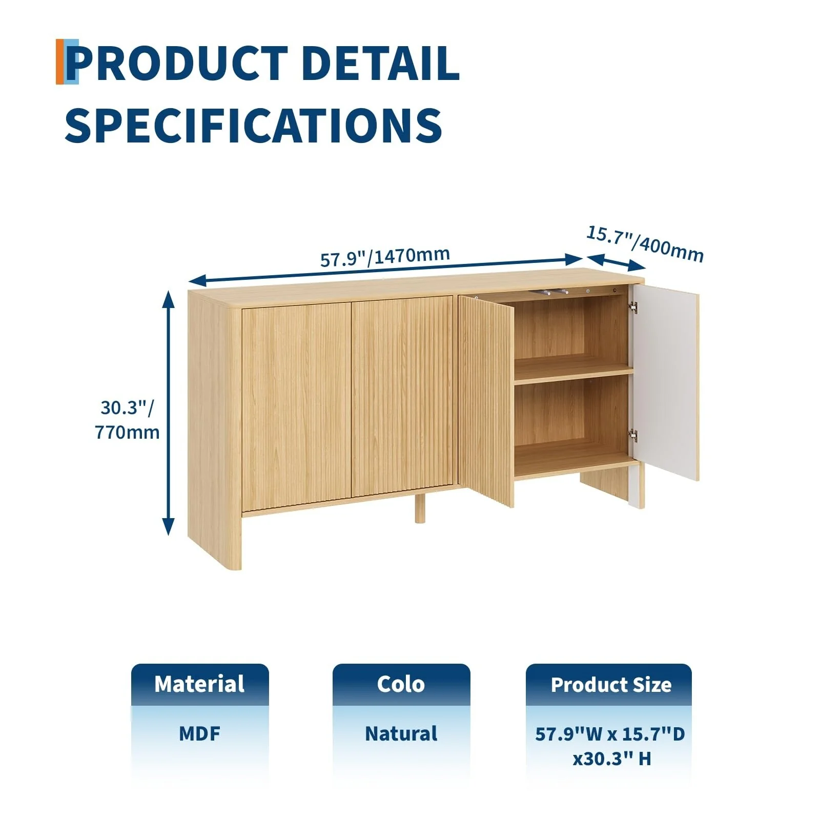 Buffet Cabinet with Storage, 58 Fluted Sideboard Cabinets with 4 Doors & Adjustable Shelves, Wood Buffet Table Natural