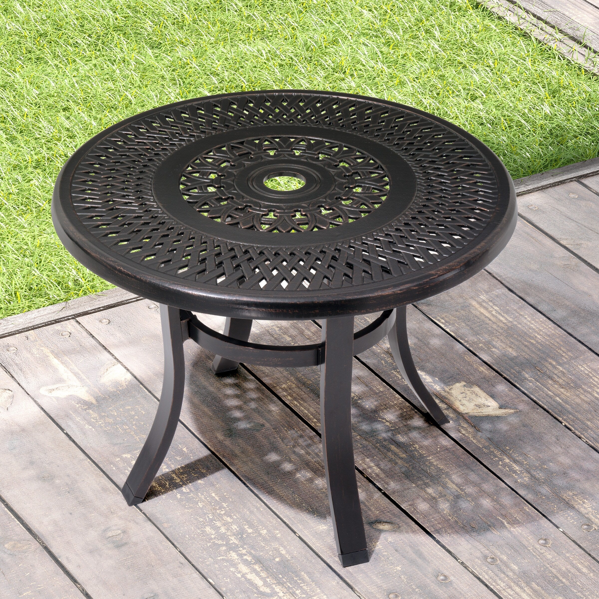 Outdoor Cast Aluminum Patio Side Table Round Table with Umbrella Hole - 24.02 Dia. x 17.52 H