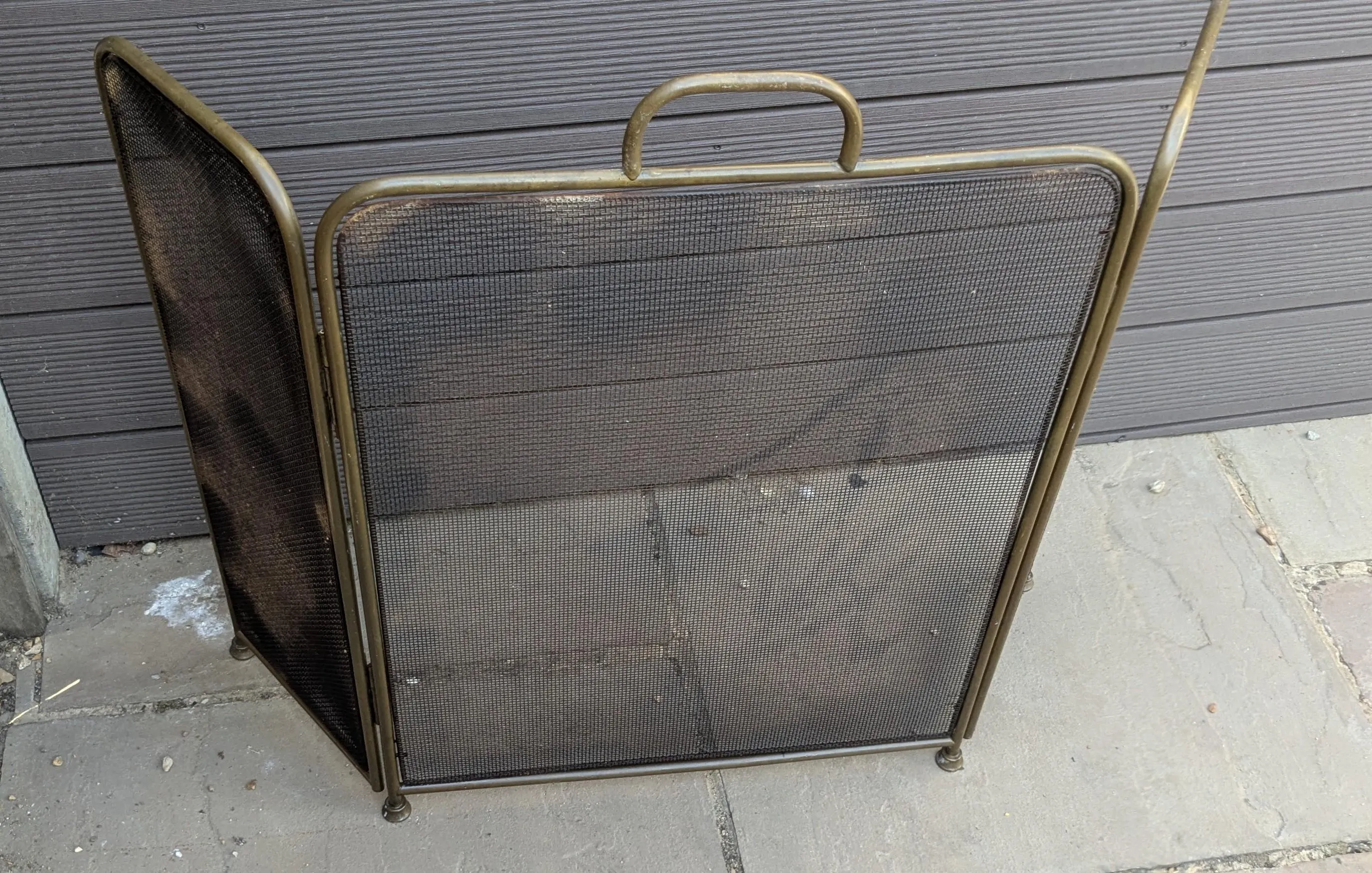 Vintage brass framed 3 piece mesh fire screen