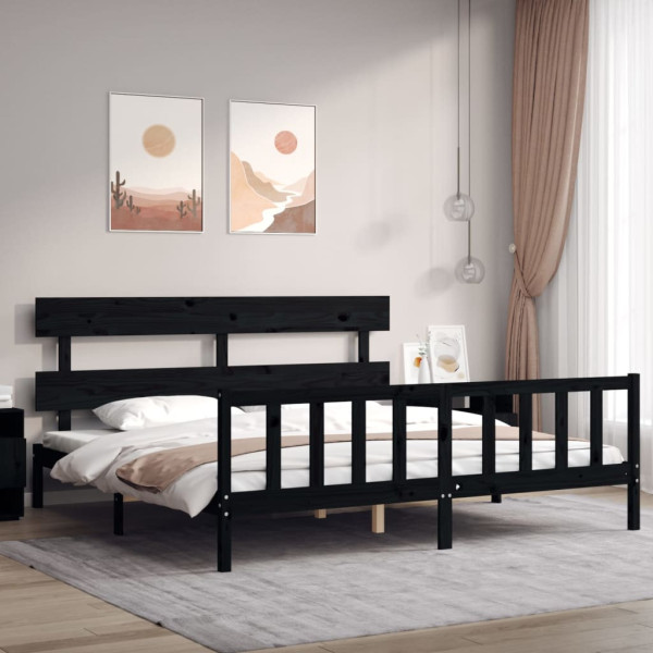 Rama łóżka z wezgłowiem czarna 200x200 cm lite drewno