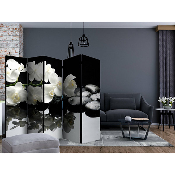 Paravent Spa Zen Orchidées et Pierres pour Intérieur 225 x 172 cm Blanc et Gris