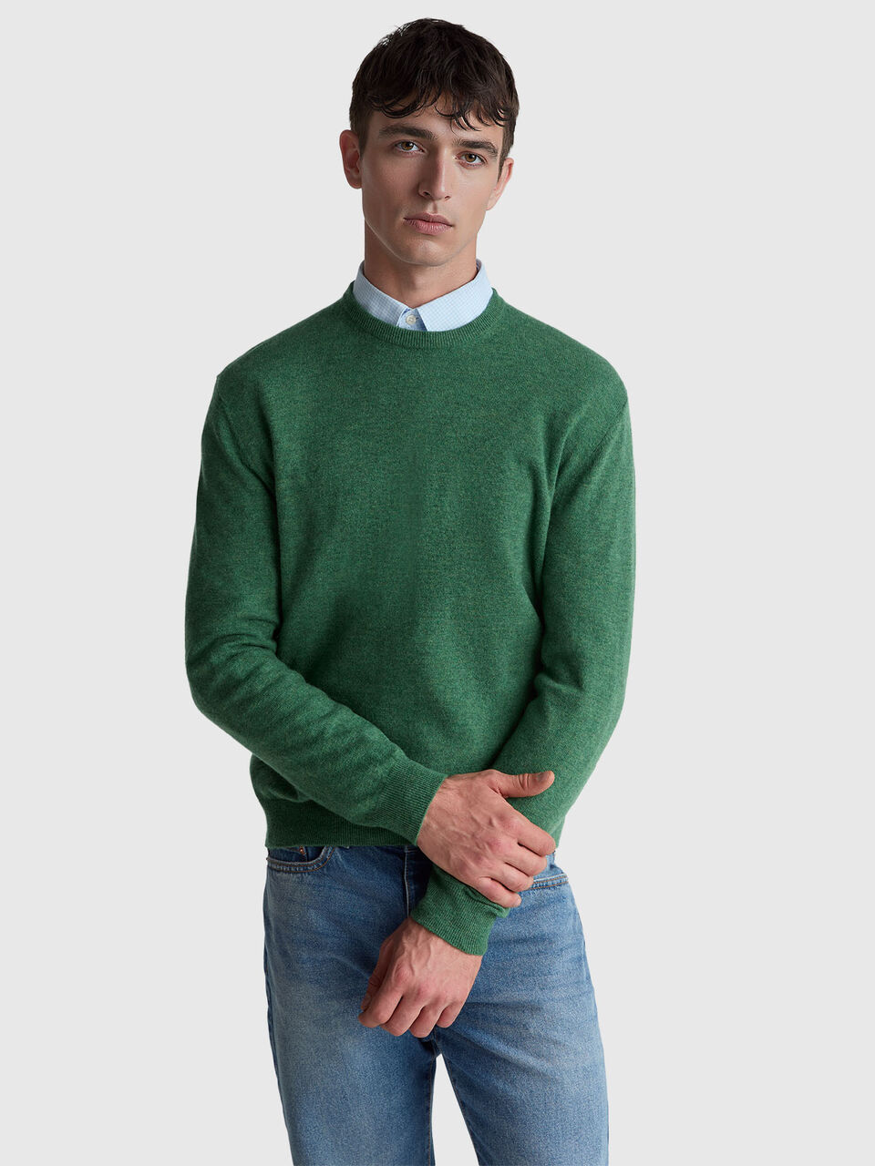 Marl green crew neck sweater in pure Merino wool