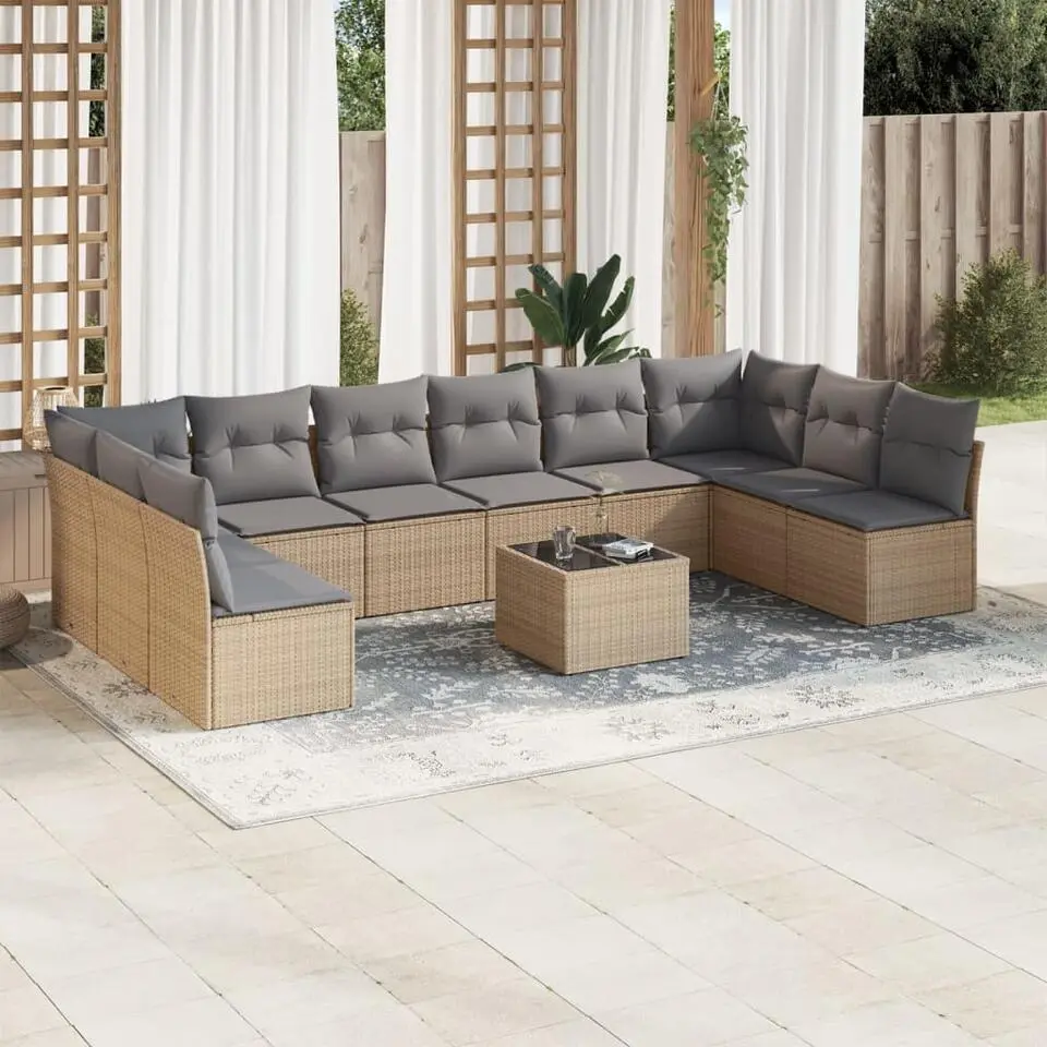 vidaXL 11-delige Loungeset met kussens en salontafel - Beige - Poly rattan